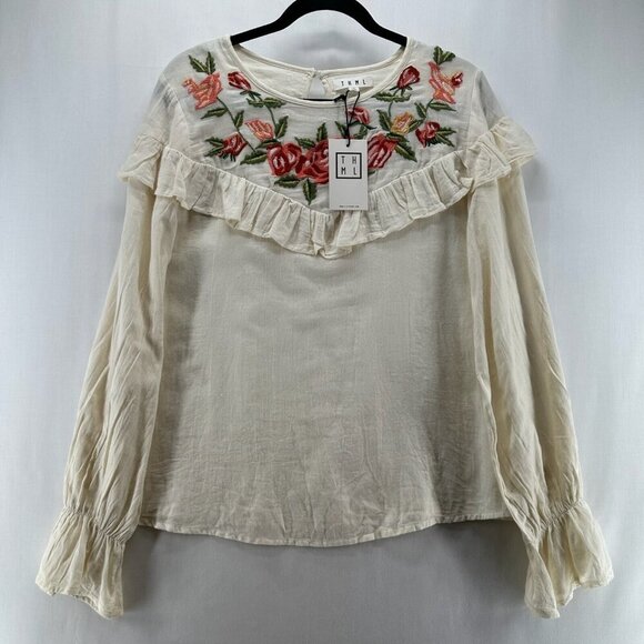THML Tops - THML Blouse M Embroidered Ruffle Top Peasant Flounce Sleeve Cotton Cream